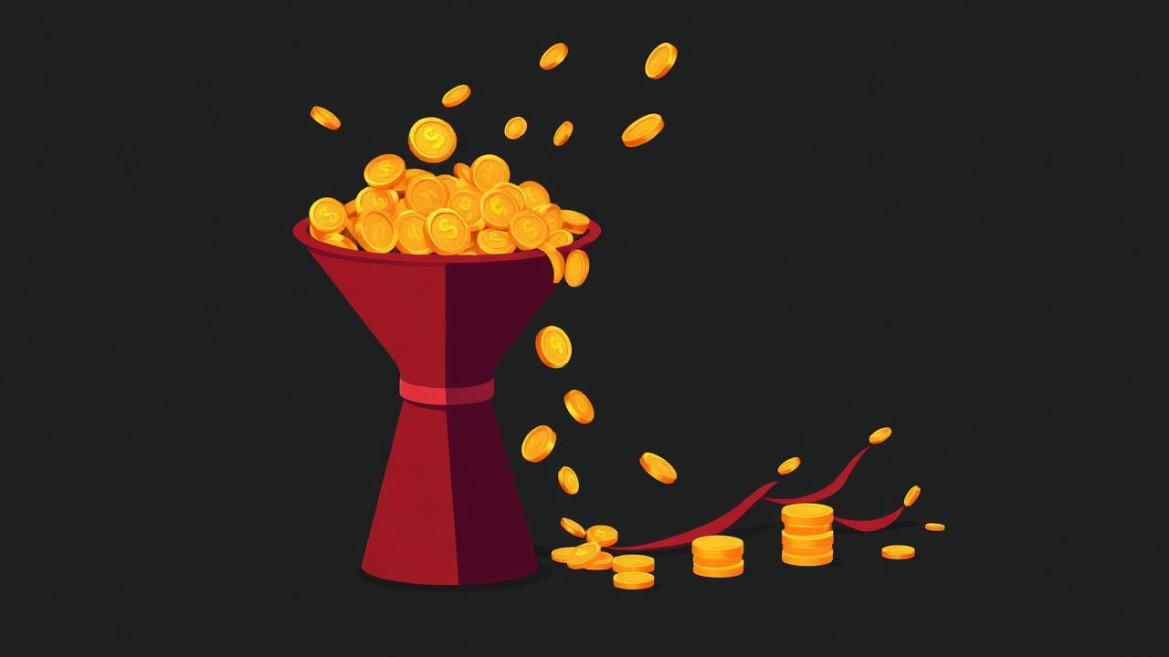 Illustration of coins pouring into a funnel with most siphoned away before reaching the bottom